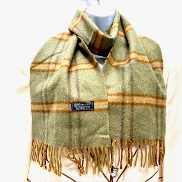 Men-Women Burberry Of London  Scarf 100% Wool Olive Beige Plaid Fringe66"x10"(21 - Picture 2 of 8